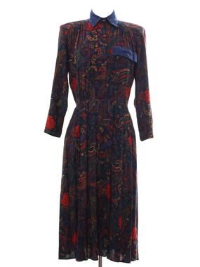 Vintage 80s Tarenti Paisley Rayon Midi Dress Navy Red Pleated Pockets Small